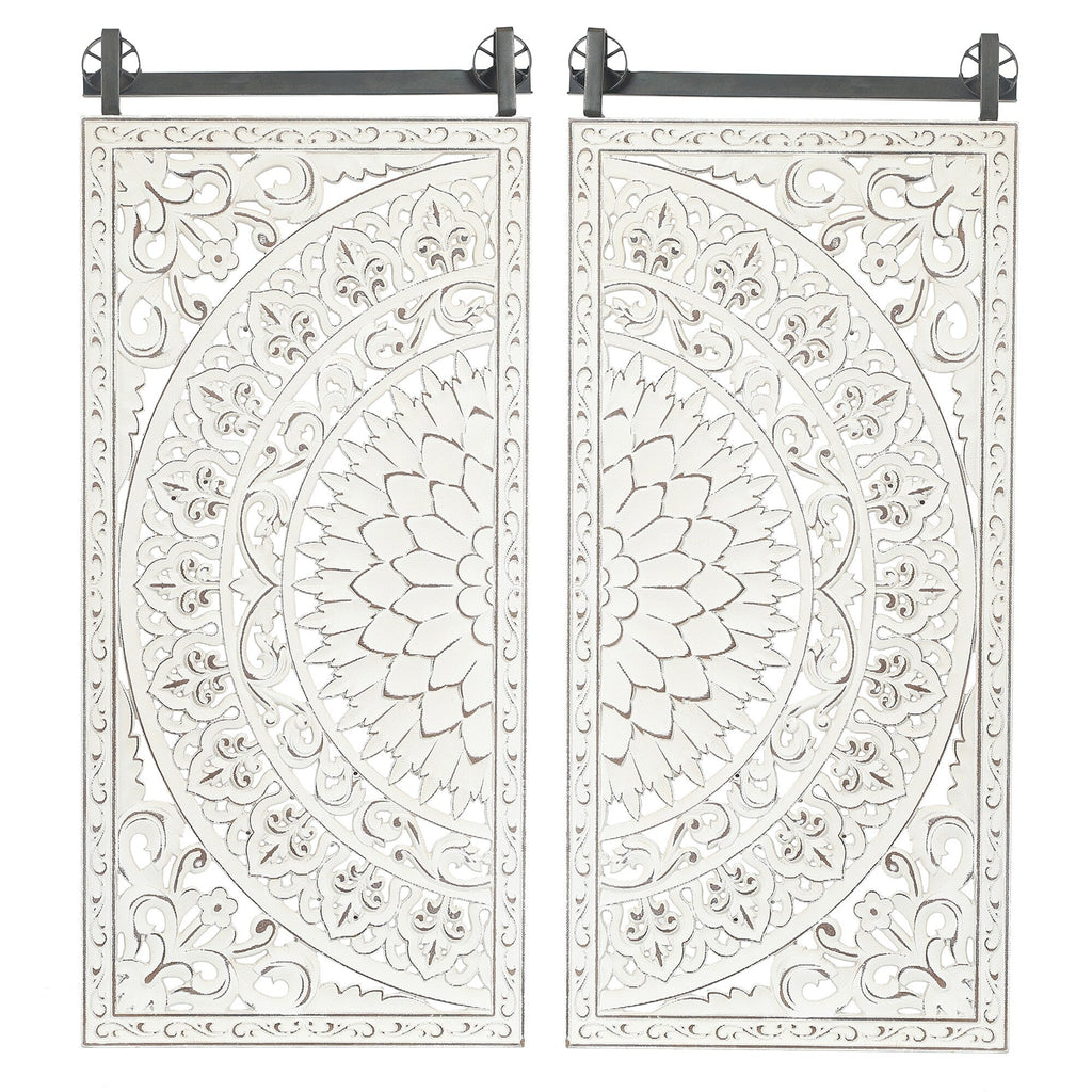 Décoration murale en bois blanc ivoire patiné avec accents noirs (lot de 2)