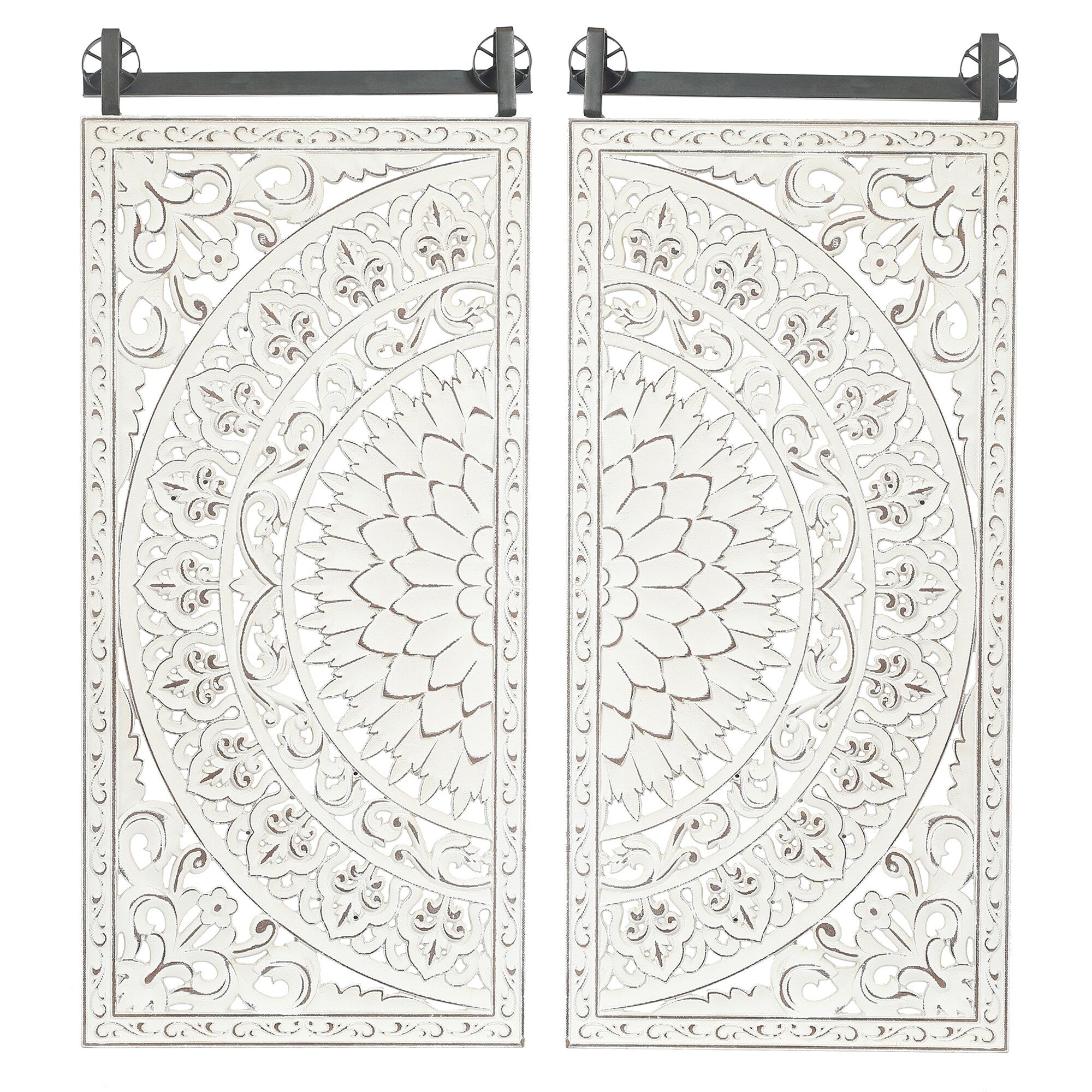 Décoration murale en bois blanc ivoire patiné avec accents noirs (lot de 2)