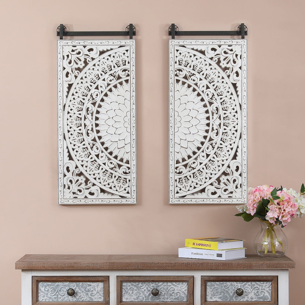 Décoration murale en bois blanc ivoire patiné avec accents noirs (lot de 2)