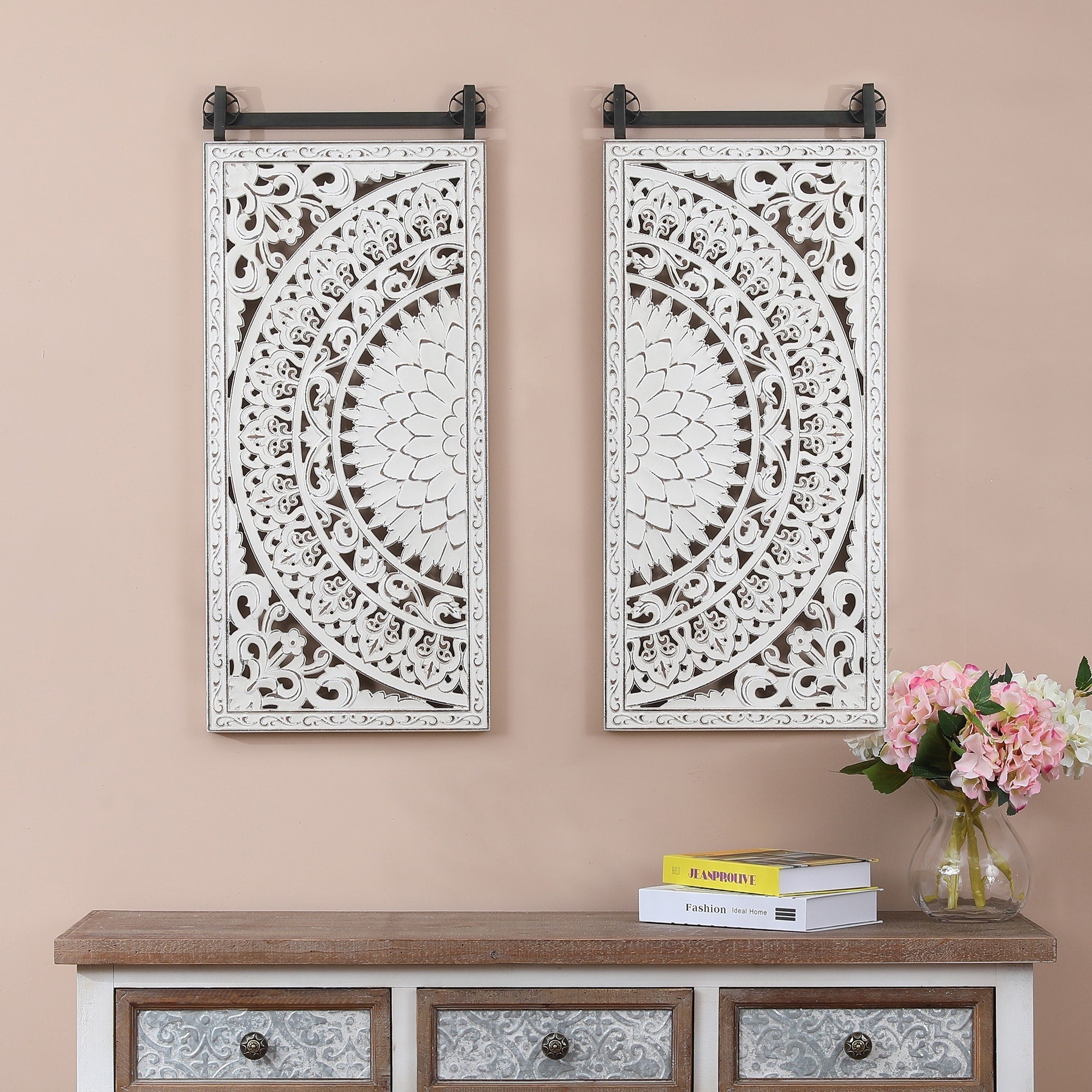 Décoration murale en bois blanc ivoire patiné avec accents noirs (lot de 2)
