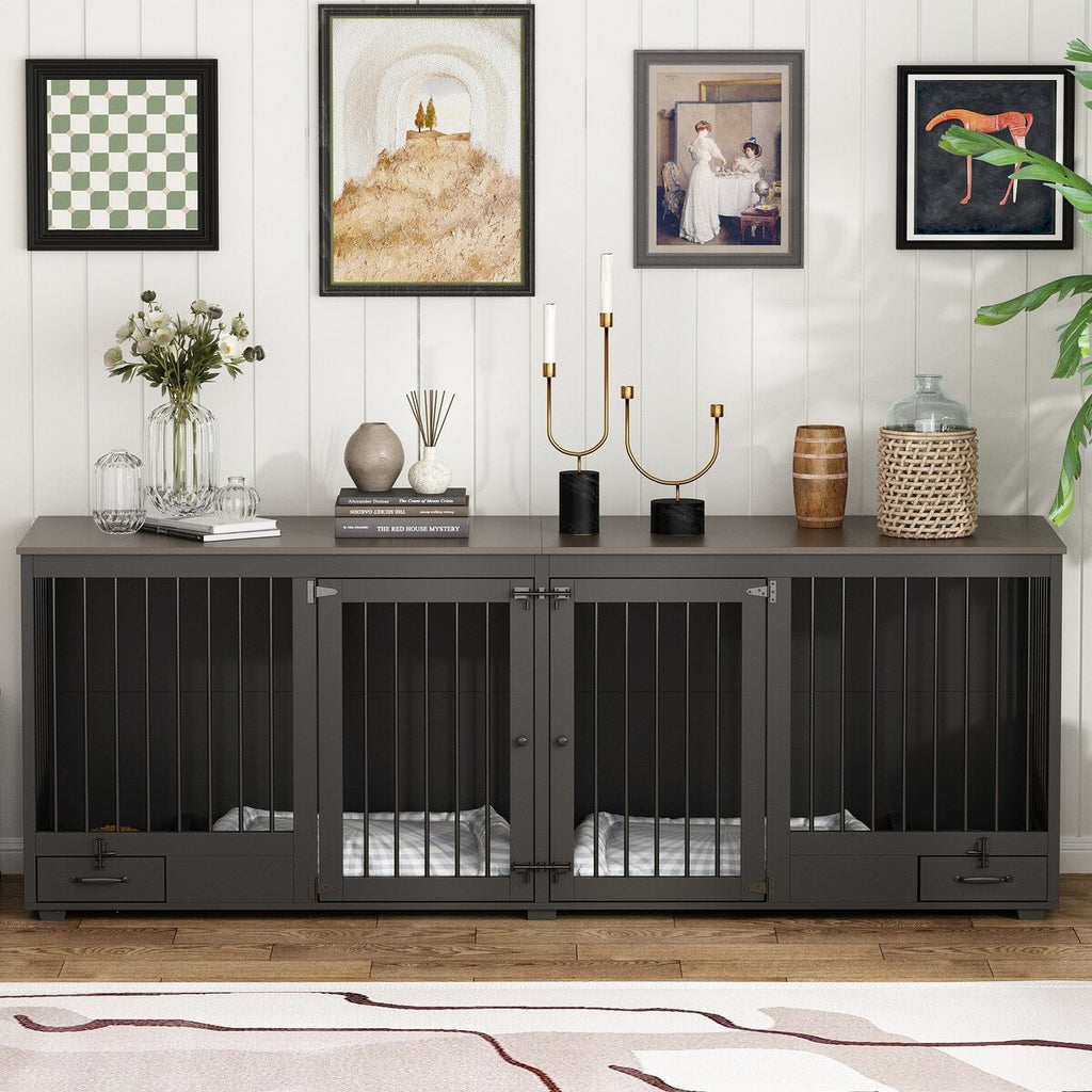 Meuble-kennel pour chien - Cabane à chien en bois avec séparateur de pièce et 2 tiroirs