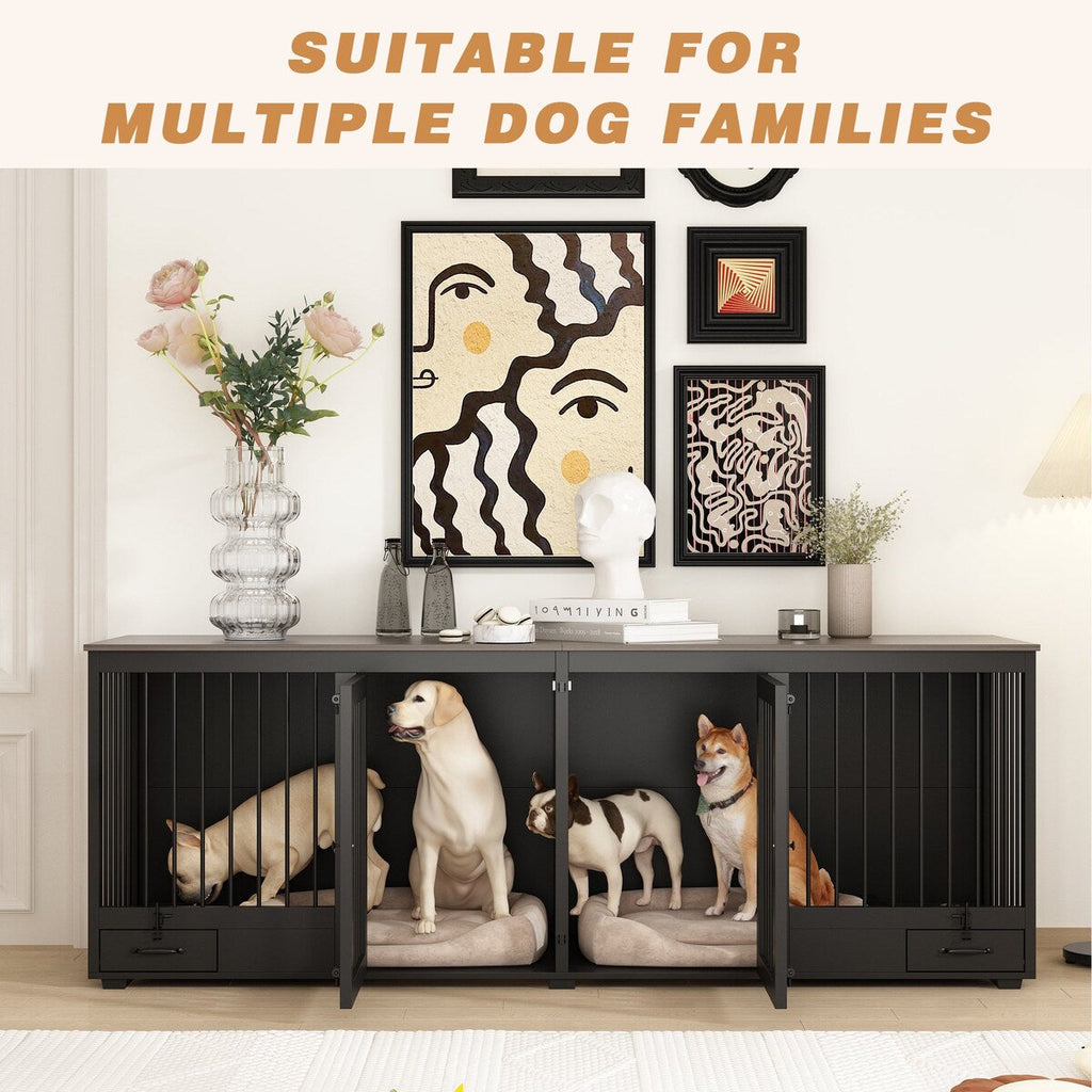 Meuble-kennel pour chien - Cabane à chien en bois avec séparateur de pièce et 2 tiroirs