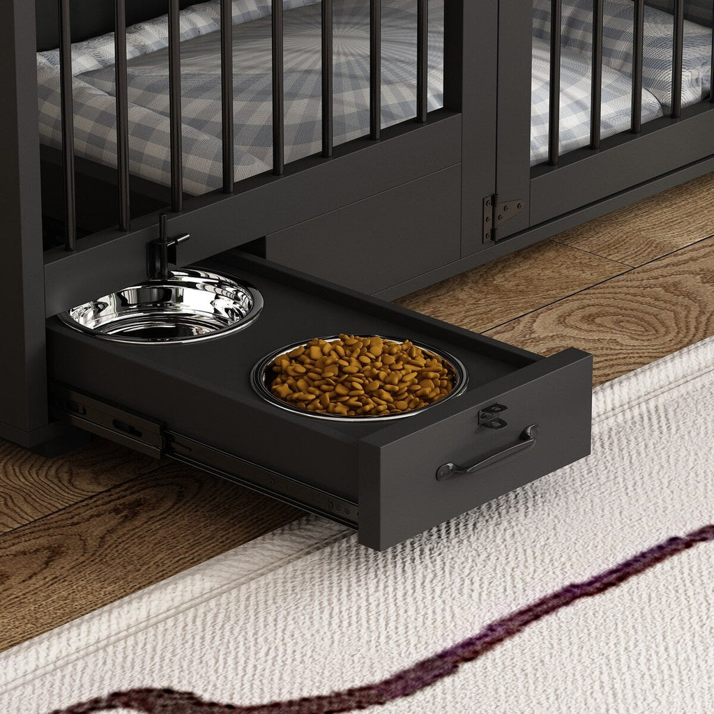 Meuble-kennel pour chien - Cabane à chien en bois avec séparateur de pièce et 2 tiroirs