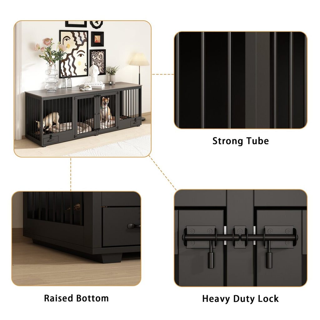 Meuble-kennel pour chien - Cabane à chien en bois avec séparateur de pièce et 2 tiroirs