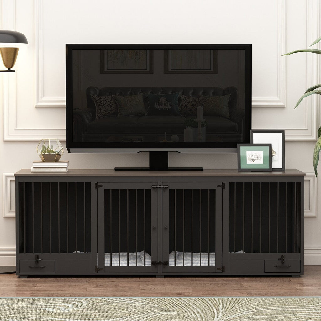 Meuble-kennel pour chien - Cabane à chien en bois avec séparateur de pièce et 2 tiroirs