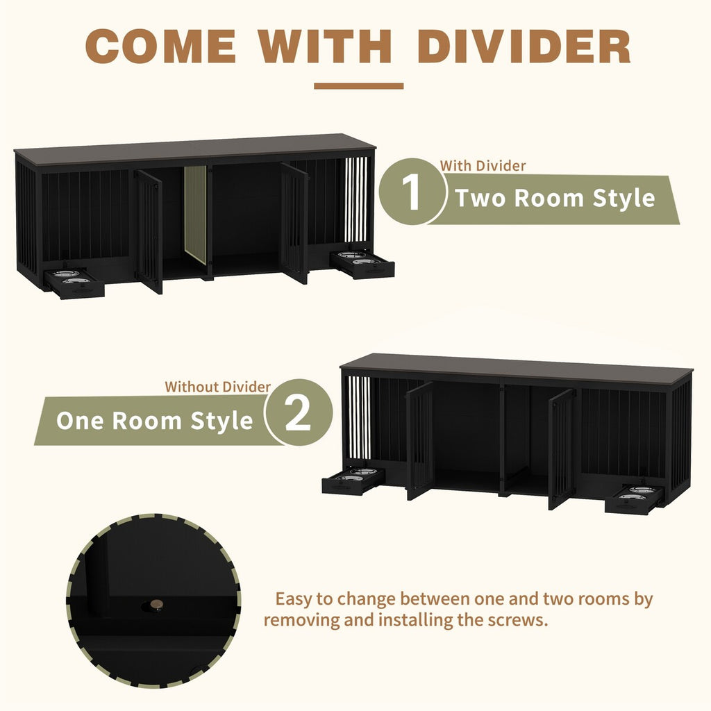 Meuble-kennel pour chien - Cabane à chien en bois avec séparateur de pièce et 2 tiroirs