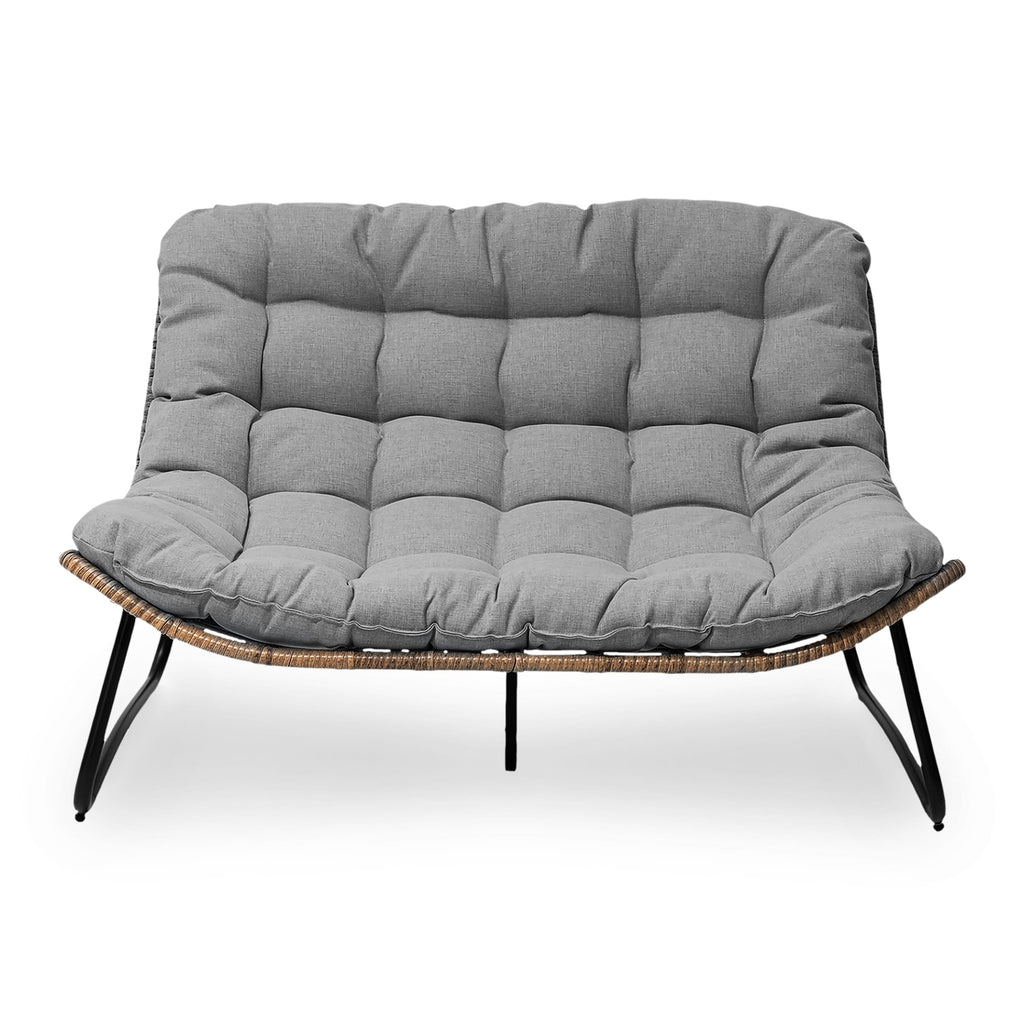 Fauteuil Papasan double avec coussin, en rotin PE résistant aux intempéries et cadre en métal, pour intérieur et extérieur.