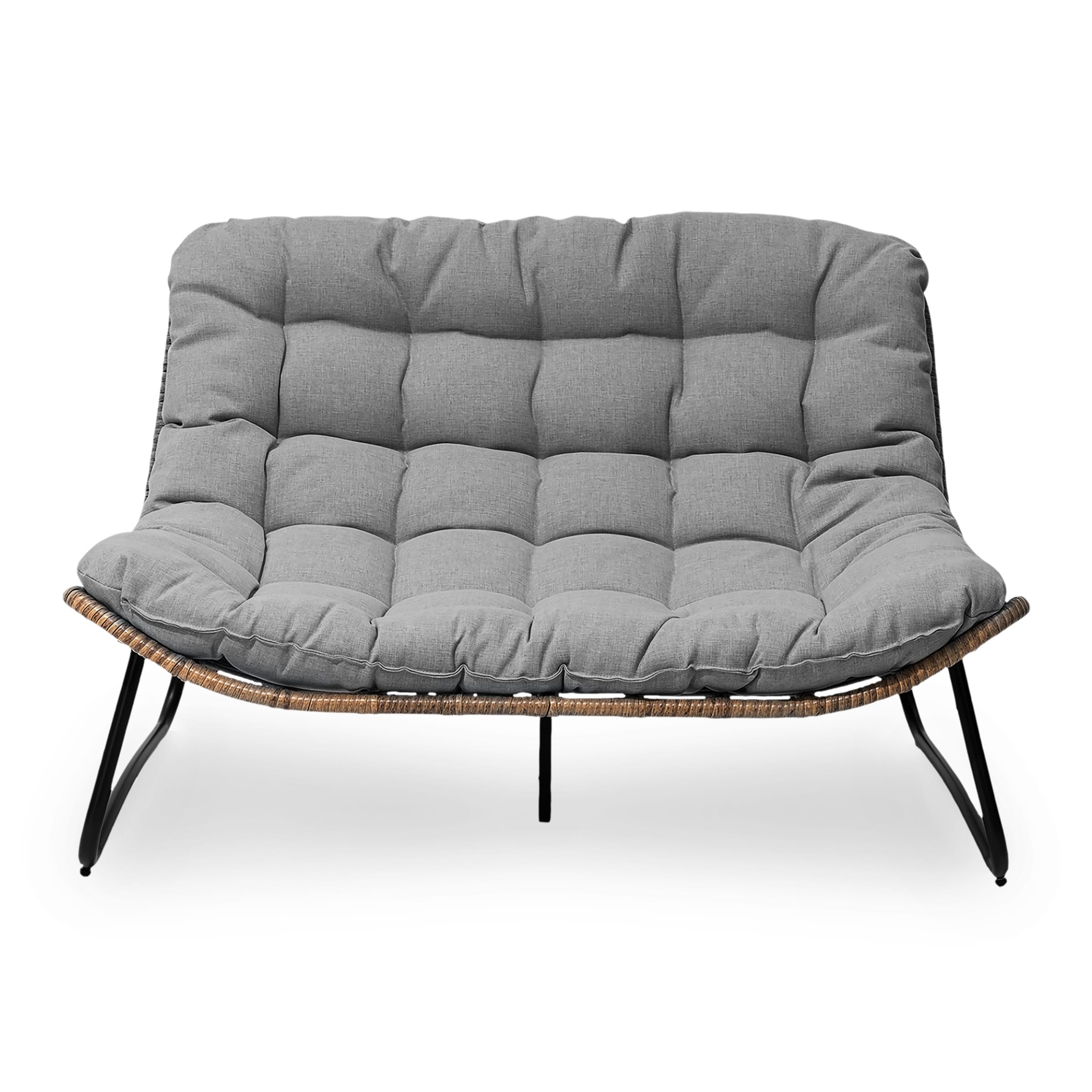 Fauteuil Papasan double avec coussin, en rotin PE résistant aux intempéries et cadre en métal, pour intérieur et extérieur.