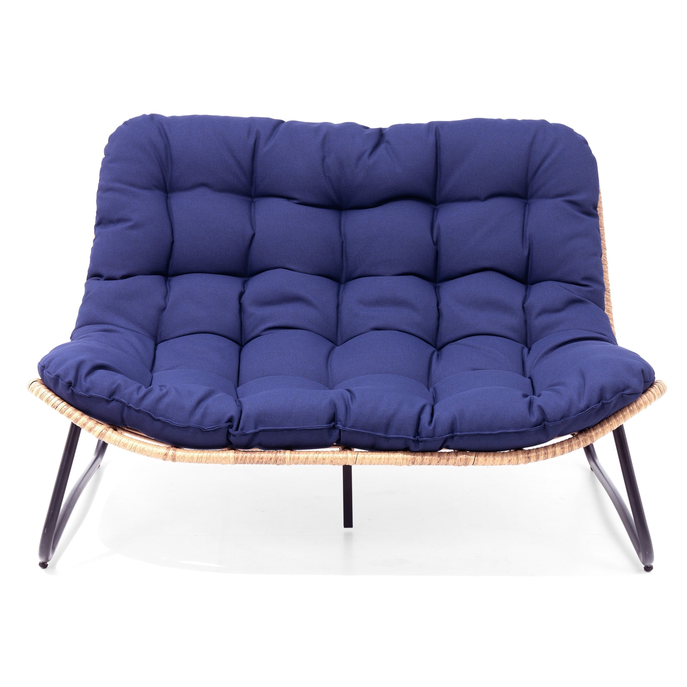 Fauteuil Papasan double avec coussin, en rotin PE résistant aux intempéries et cadre en métal, pour intérieur et extérieur.
