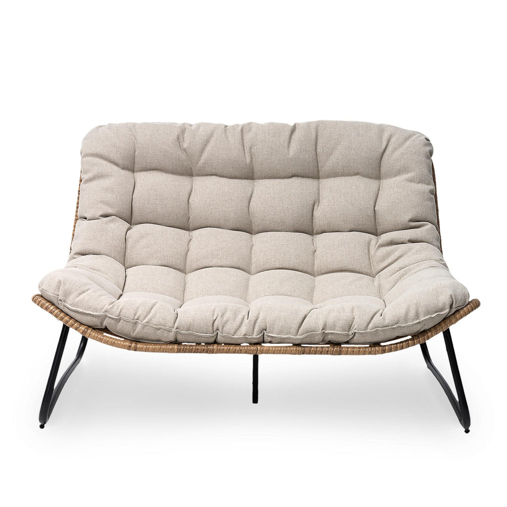 Fauteuil Papasan double avec coussin, en rotin PE résistant aux intempéries et cadre en métal, pour intérieur et extérieur.