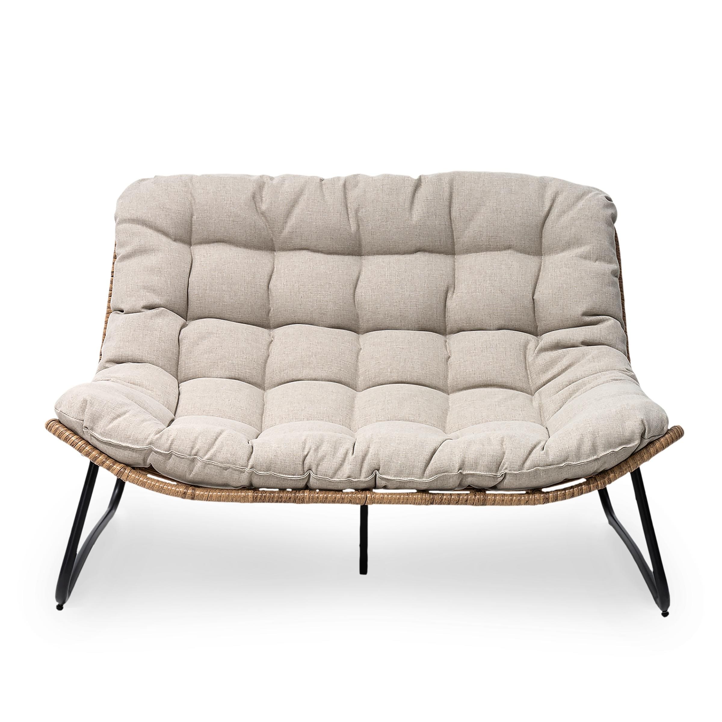 Fauteuil Papasan double avec coussin, en rotin PE résistant aux intempéries et cadre en métal, pour intérieur et extérieur.