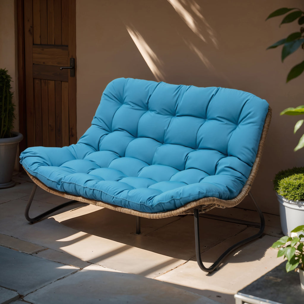 Fauteuil Papasan double avec coussin, en rotin PE résistant aux intempéries et cadre en métal, pour intérieur et extérieur.