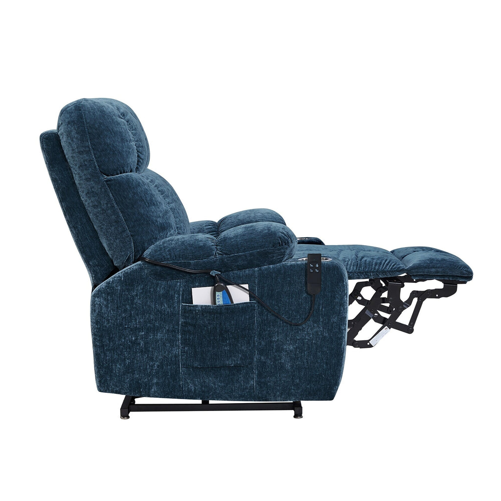 Fauteuil releveur motorisé OKIN à double système de levage pour seniors, avec chauffage, massage, inclinaison à 180° et dossier/repose-pieds réglables.