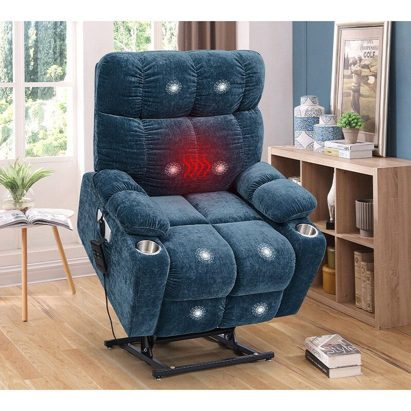 Fauteuil releveur motorisé OKIN à double système de levage pour seniors, avec chauffage, massage, inclinaison à 180° et dossier/repose-pieds réglables.