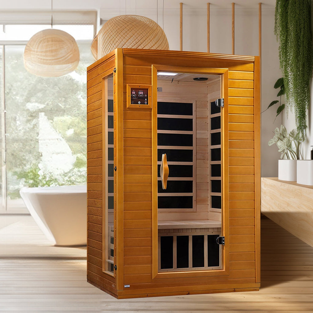 Sauna infrarouge à faible rayonnement électromagnétique (REM) Dynamic Saunas Andora pour 2 personnes, en bois d'épicéa du Canada.