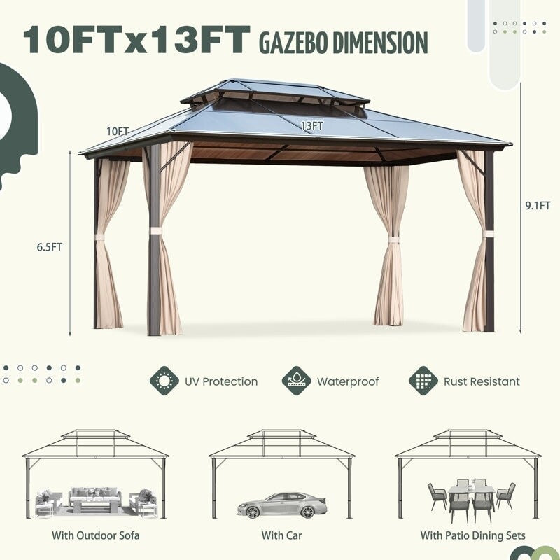 EROMMY Gazebo à toit rigide, Pergola d'extérieur avec double toit, moustiquaire et rideaux, auvent robuste pour patio, jardin, fête à la piscine