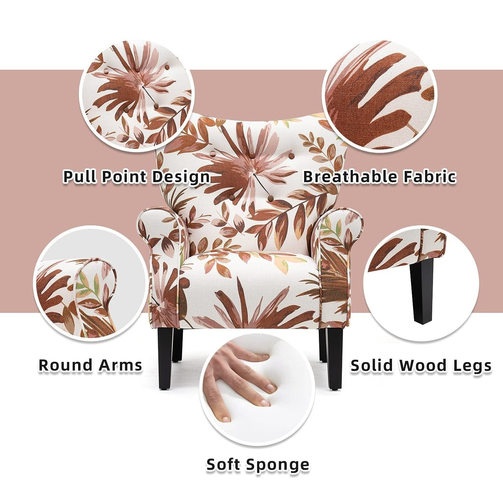 Fauteuil d'appoint moderne Erommy, fauteuil à dossier haut, canapé simple recouvert de tissu avec boutons et pieds en bois pour salon.