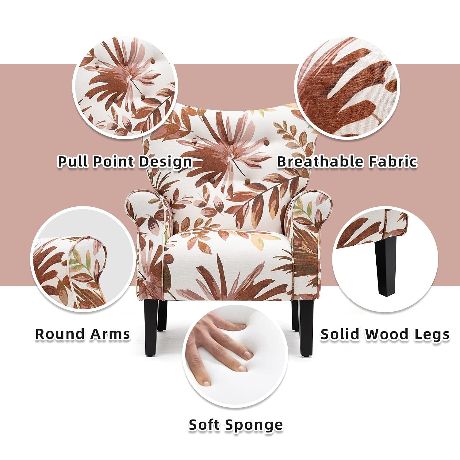 Fauteuil d'appoint moderne Erommy, fauteuil à dossier haut, canapé simple recouvert de tissu avec boutons et pieds en bois pour salon.