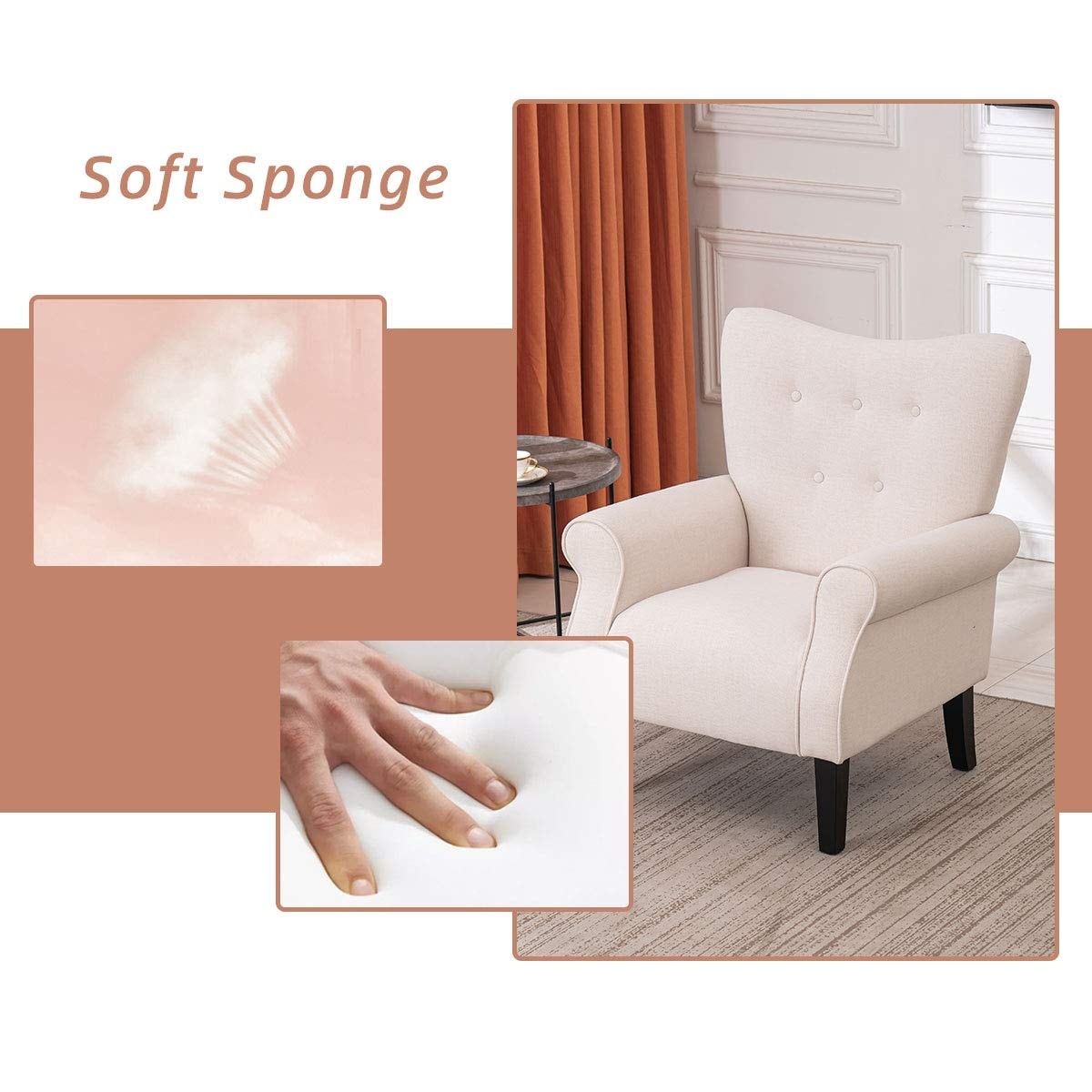 Fauteuil d'appoint moderne Erommy, fauteuil à dossier haut, canapé simple recouvert de tissu avec boutons et pieds en bois pour salon.