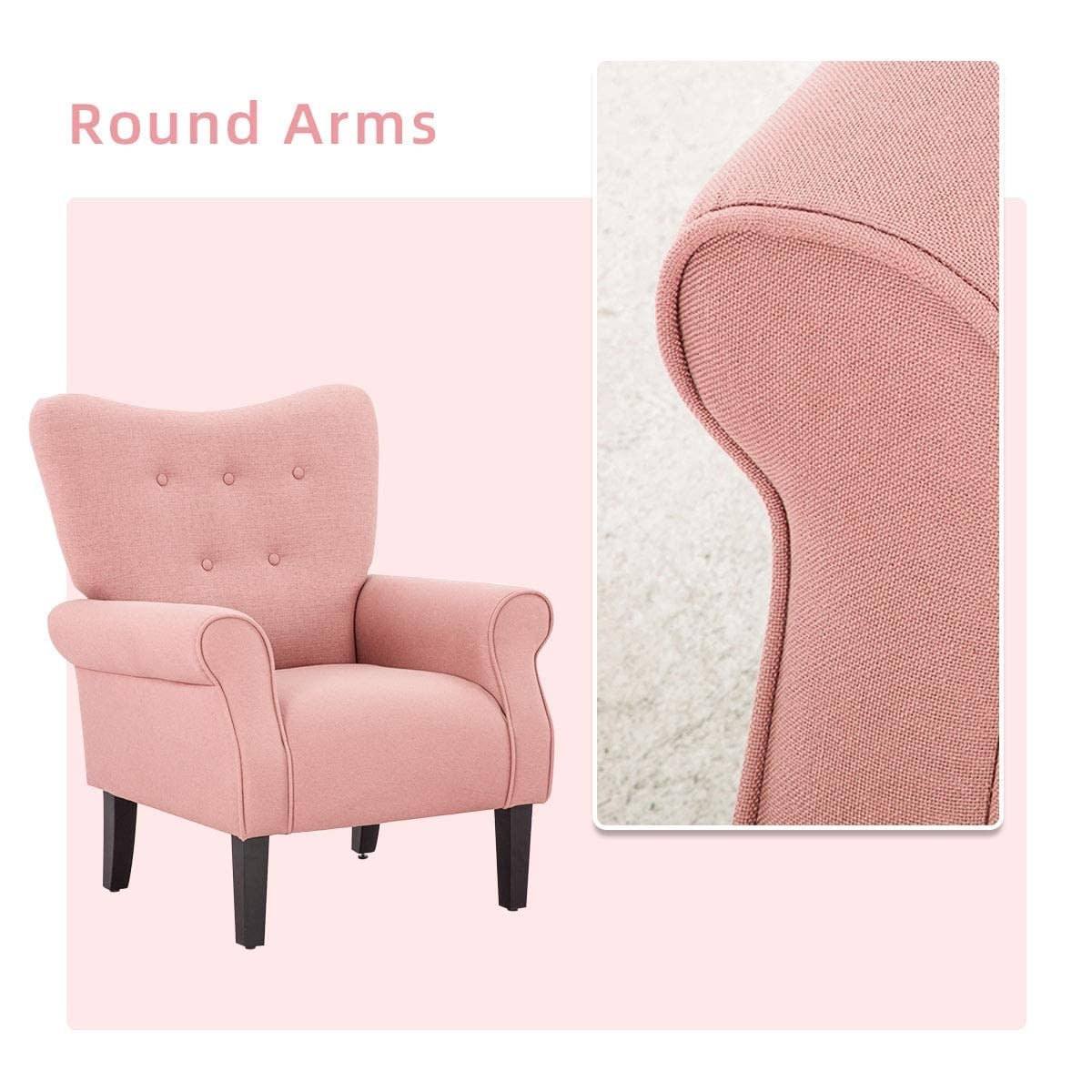 Fauteuil d'appoint moderne Erommy, fauteuil à dossier haut, canapé simple recouvert de tissu avec boutons et pieds en bois pour salon.