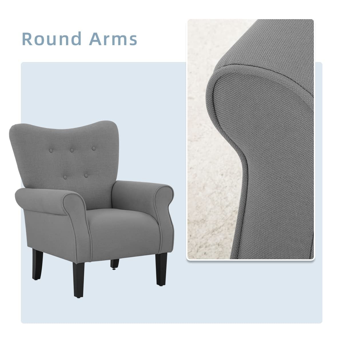 Fauteuil d'appoint moderne Erommy, fauteuil à dossier haut, canapé simple recouvert de tissu avec boutons et pieds en bois pour salon.