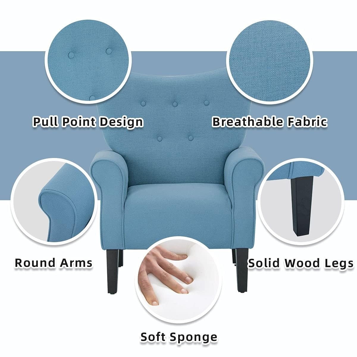 Fauteuil d'appoint moderne Erommy, fauteuil à dossier haut, canapé simple recouvert de tissu avec boutons et pieds en bois pour salon.