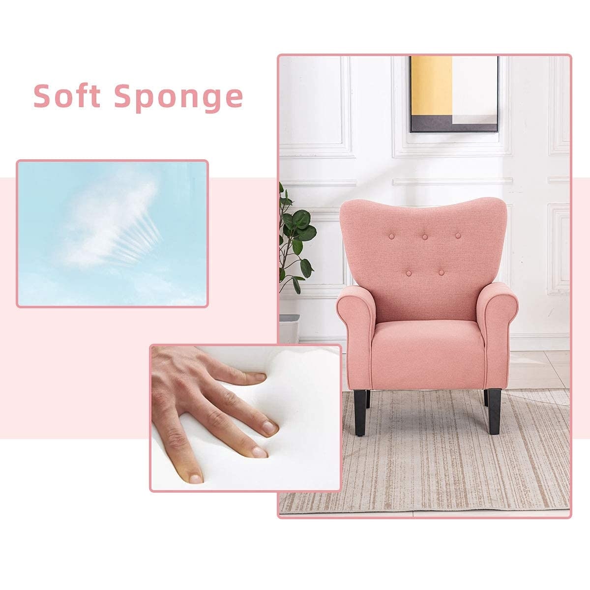 Fauteuil d'appoint moderne Erommy, fauteuil à dossier haut, canapé simple recouvert de tissu avec boutons et pieds en bois pour salon.