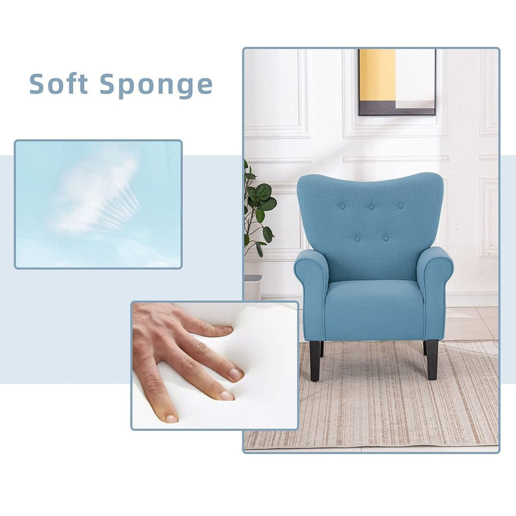 Fauteuil d'appoint moderne Erommy, fauteuil à dossier haut, canapé simple recouvert de tissu avec boutons et pieds en bois pour salon.