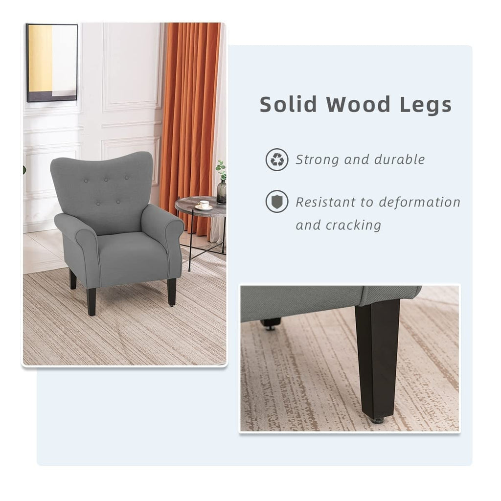 Fauteuil d'appoint moderne Erommy, fauteuil à dossier haut, canapé simple recouvert de tissu avec boutons et pieds en bois pour salon.