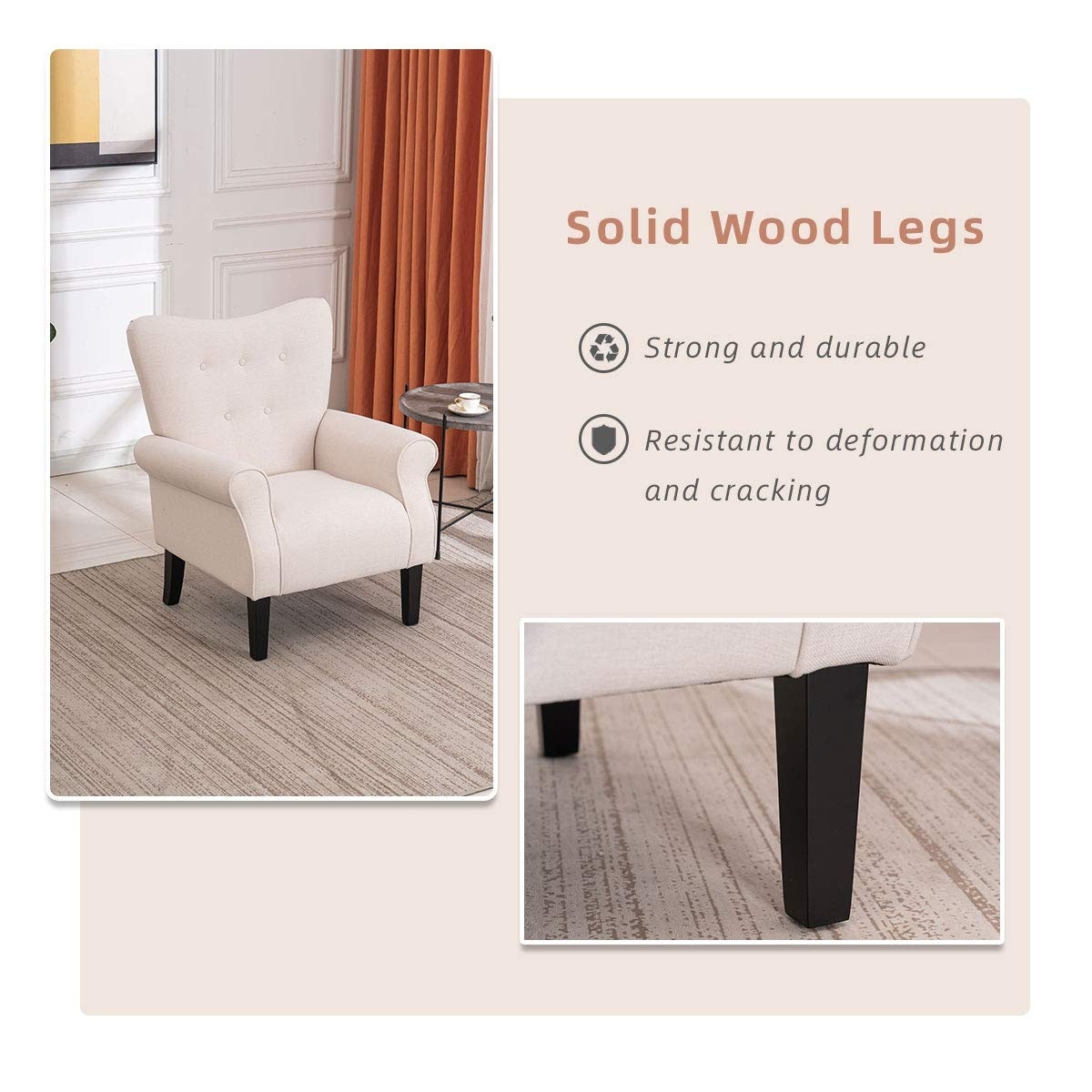 Fauteuil d'appoint moderne Erommy, fauteuil à dossier haut, canapé simple recouvert de tissu avec boutons et pieds en bois pour salon.