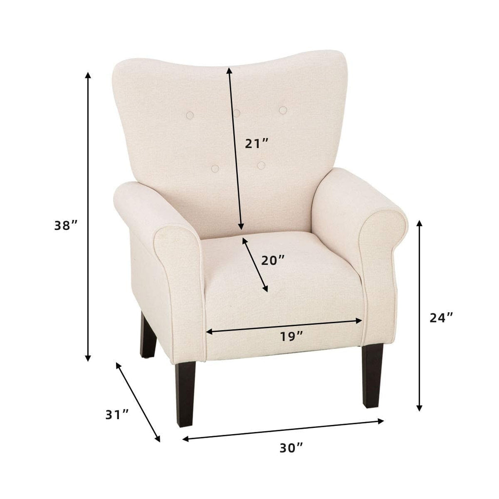 Fauteuil d'appoint moderne Erommy, fauteuil à dossier haut, canapé simple recouvert de tissu avec boutons et pieds en bois pour salon.