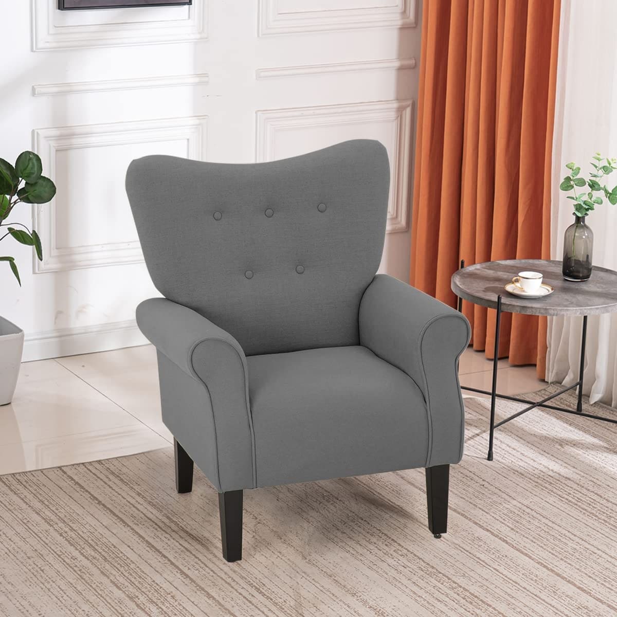 Fauteuil d'appoint moderne Erommy, fauteuil à dossier haut, canapé simple recouvert de tissu avec boutons et pieds en bois pour salon.