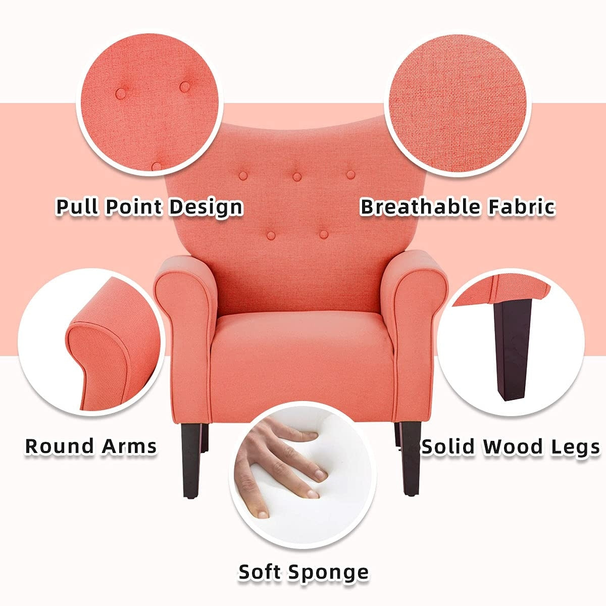 Fauteuil d'appoint moderne Erommy, fauteuil à dossier haut, canapé simple recouvert de tissu avec boutons et pieds en bois pour salon.