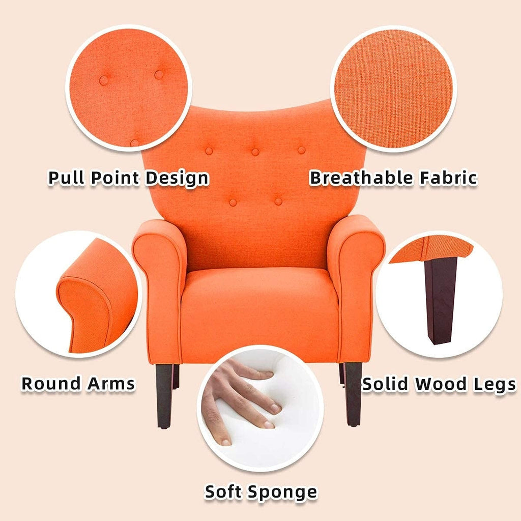 Fauteuil d'appoint moderne Erommy, fauteuil à dossier haut, canapé simple recouvert de tissu avec boutons et pieds en bois pour salon.