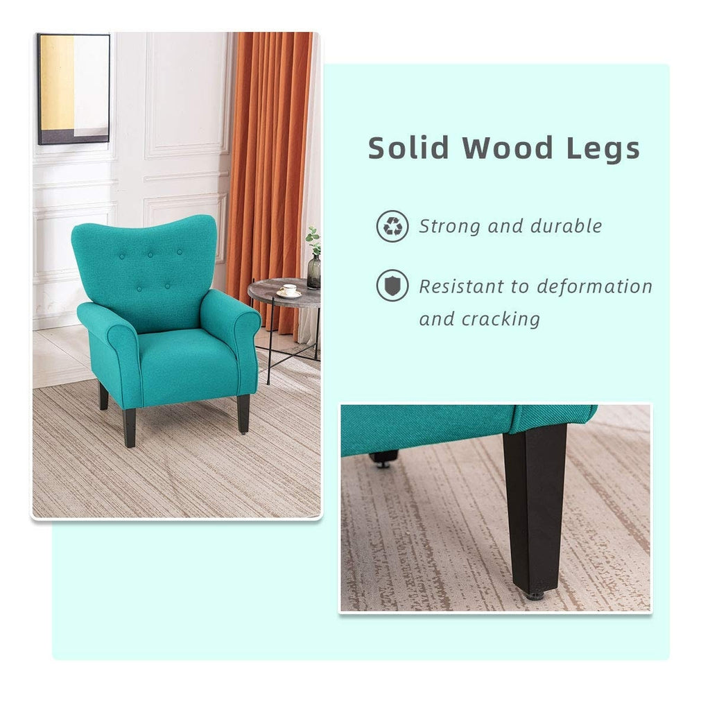 Fauteuil d'appoint moderne Erommy, fauteuil à dossier haut, canapé simple recouvert de tissu avec boutons et pieds en bois pour salon.