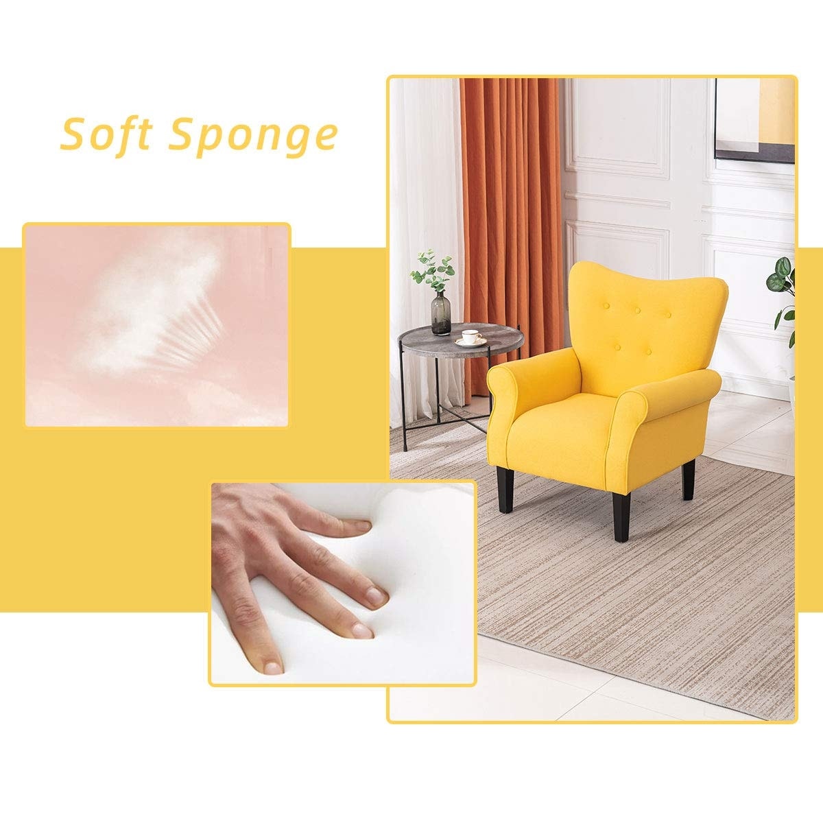 Fauteuil d'appoint moderne Erommy, fauteuil à dossier haut, canapé simple recouvert de tissu avec boutons et pieds en bois pour salon.