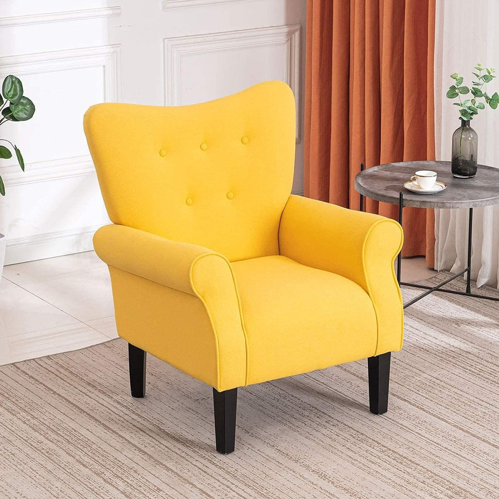 Fauteuil d'appoint moderne Erommy, fauteuil à dossier haut, canapé simple recouvert de tissu avec boutons et pieds en bois pour salon.