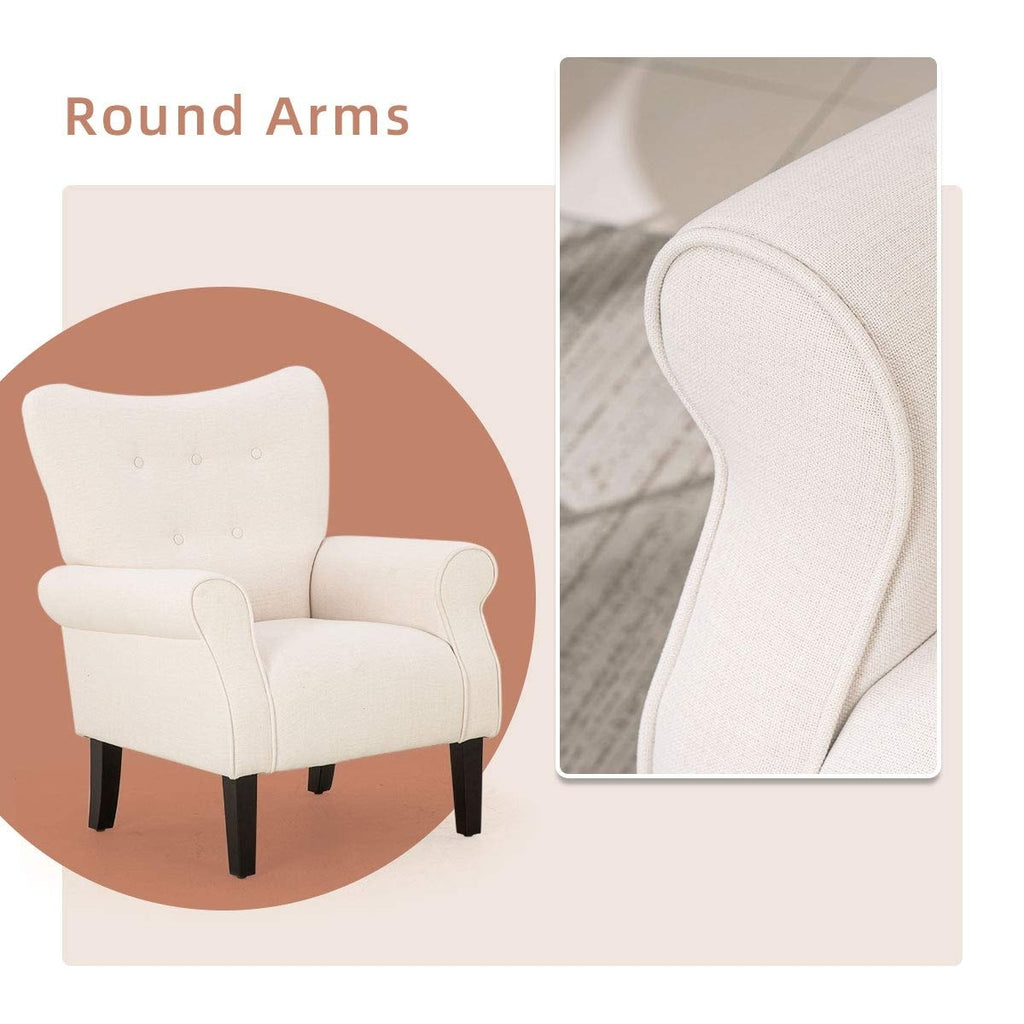 Fauteuil d'appoint moderne Erommy, fauteuil à dossier haut, canapé simple recouvert de tissu avec boutons et pieds en bois pour salon.