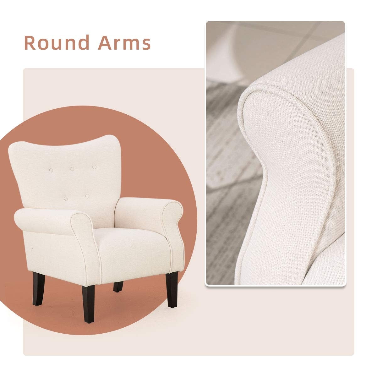 Fauteuil d'appoint moderne Erommy, fauteuil à dossier haut, canapé simple recouvert de tissu avec boutons et pieds en bois pour salon.