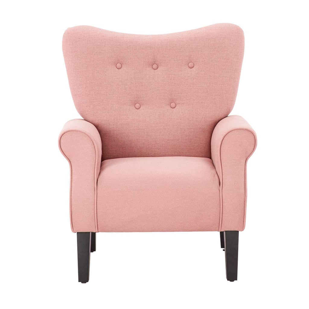 Fauteuil d'appoint moderne Erommy, fauteuil à dossier haut, canapé simple recouvert de tissu avec boutons et pieds en bois pour salon.