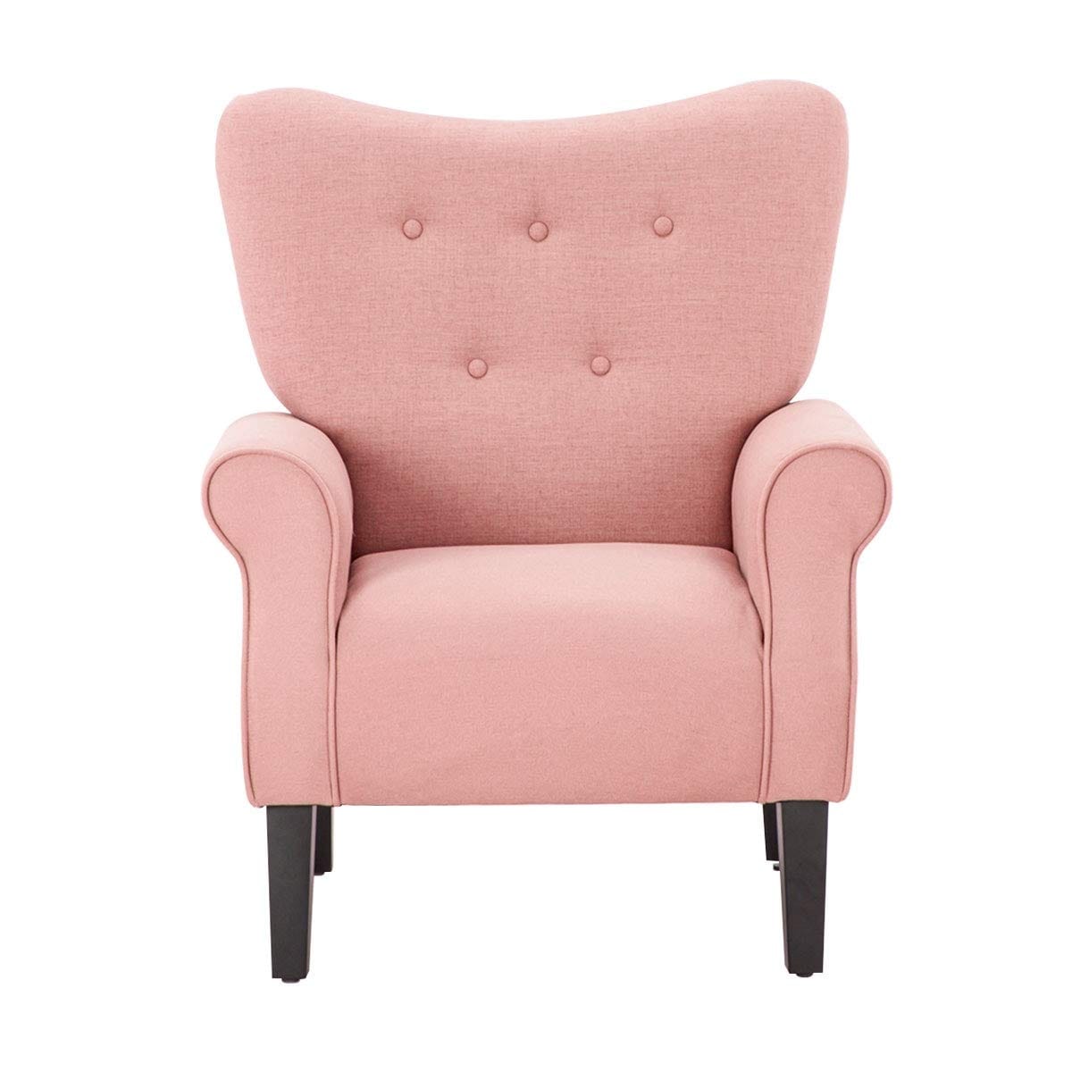 Fauteuil d'appoint moderne Erommy, fauteuil à dossier haut, canapé simple recouvert de tissu avec boutons et pieds en bois pour salon.