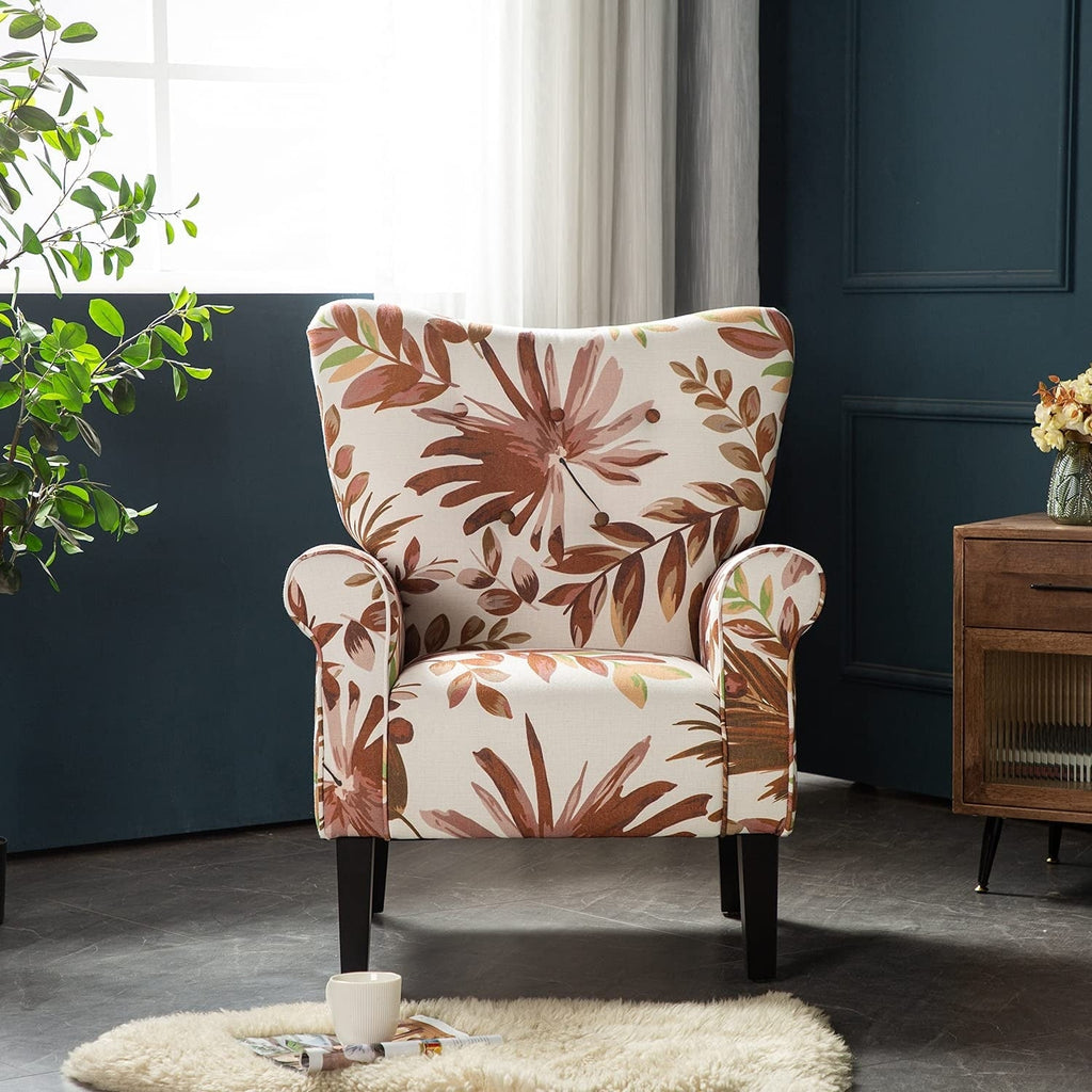 Fauteuil d'appoint moderne Erommy, fauteuil à dossier haut, canapé simple recouvert de tissu avec boutons et pieds en bois pour salon.