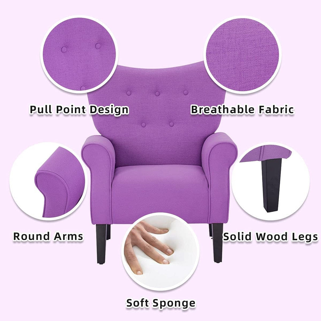 Fauteuil d'appoint moderne Erommy, fauteuil à dossier haut, canapé simple recouvert de tissu avec boutons et pieds en bois pour salon.