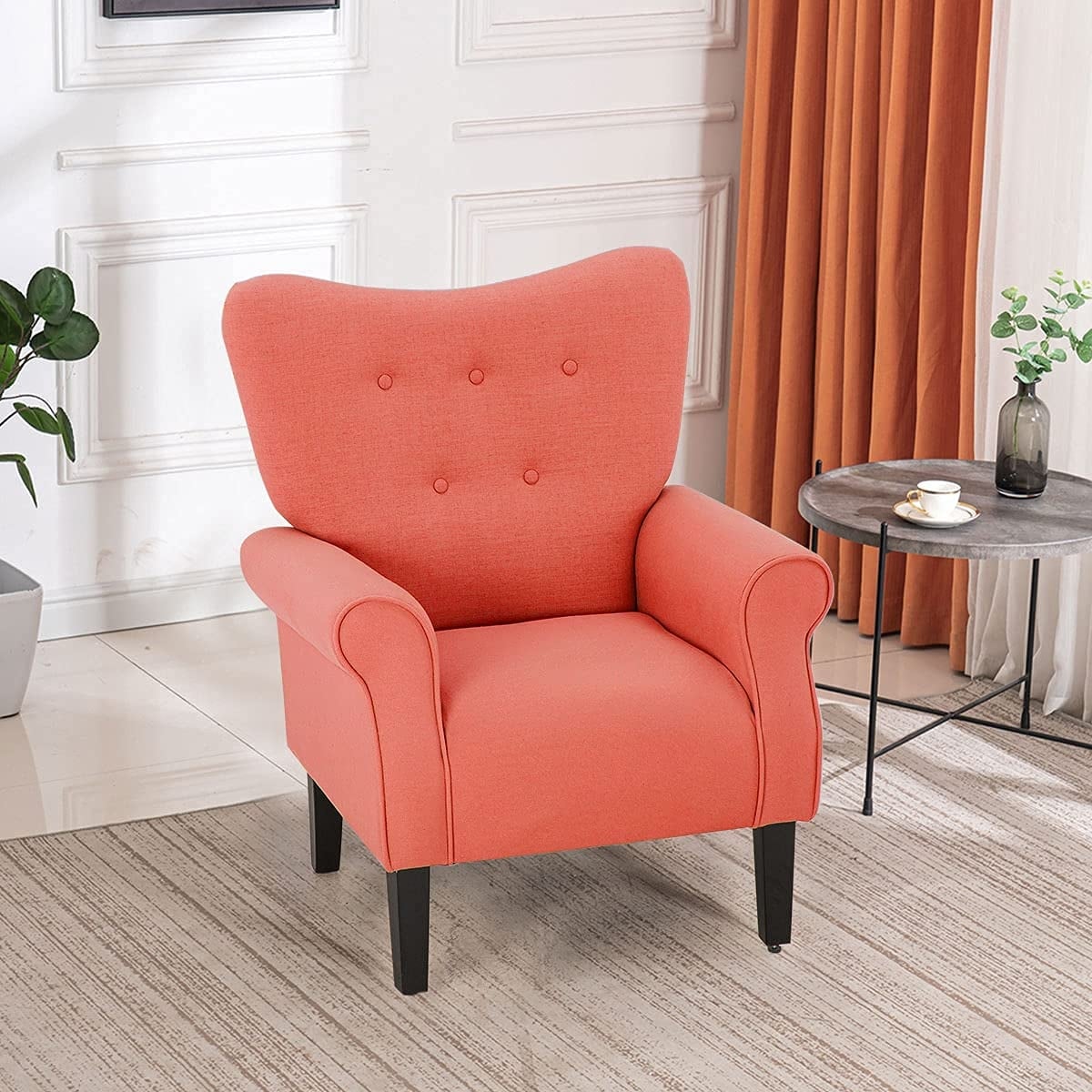 Fauteuil d'appoint moderne Erommy, fauteuil à dossier haut, canapé simple recouvert de tissu avec boutons et pieds en bois pour salon.