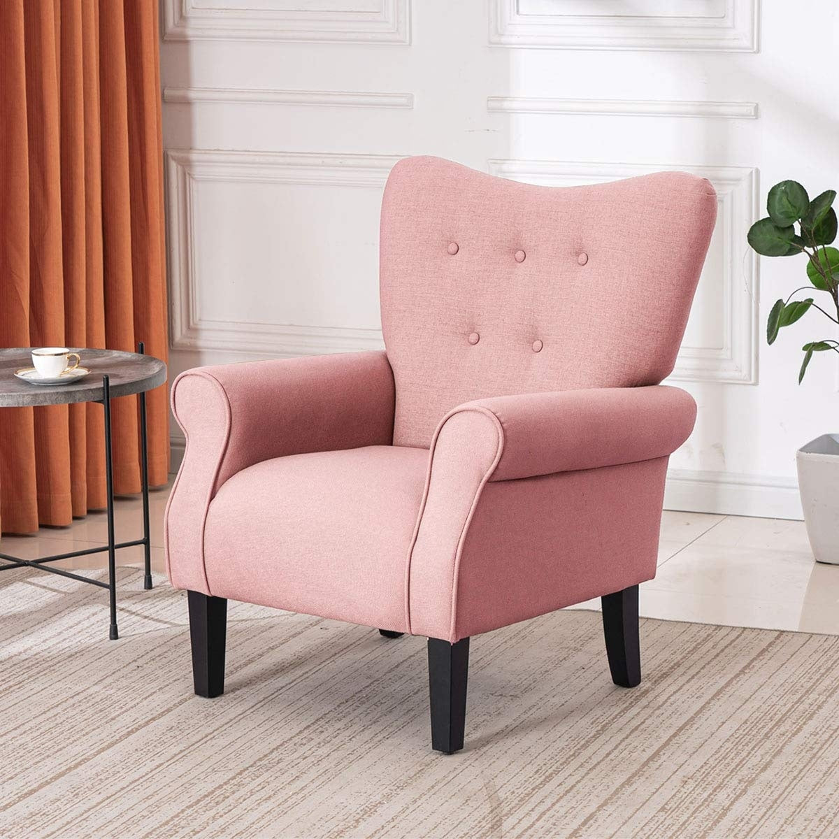 Fauteuil d'appoint moderne Erommy, fauteuil à dossier haut, canapé simple recouvert de tissu avec boutons et pieds en bois pour salon.