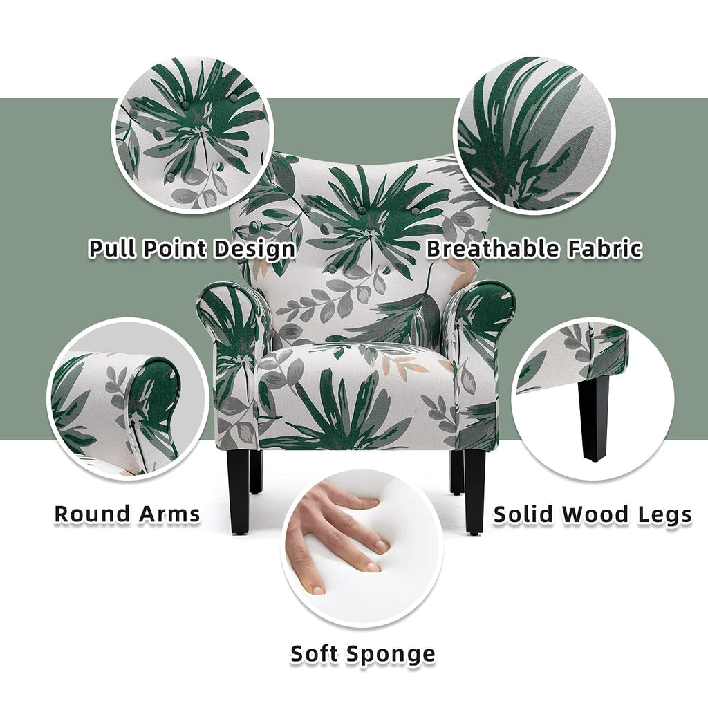 Fauteuil d'appoint moderne Erommy, fauteuil à dossier haut, canapé simple recouvert de tissu avec boutons et pieds en bois pour salon.