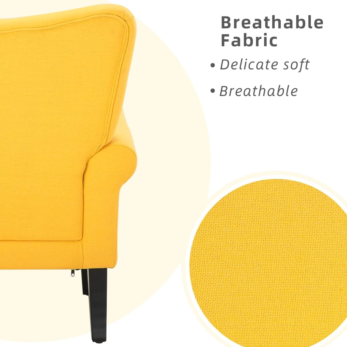 Fauteuil d'appoint moderne Erommy, fauteuil à dossier haut, canapé simple recouvert de tissu avec boutons et pieds en bois pour salon.