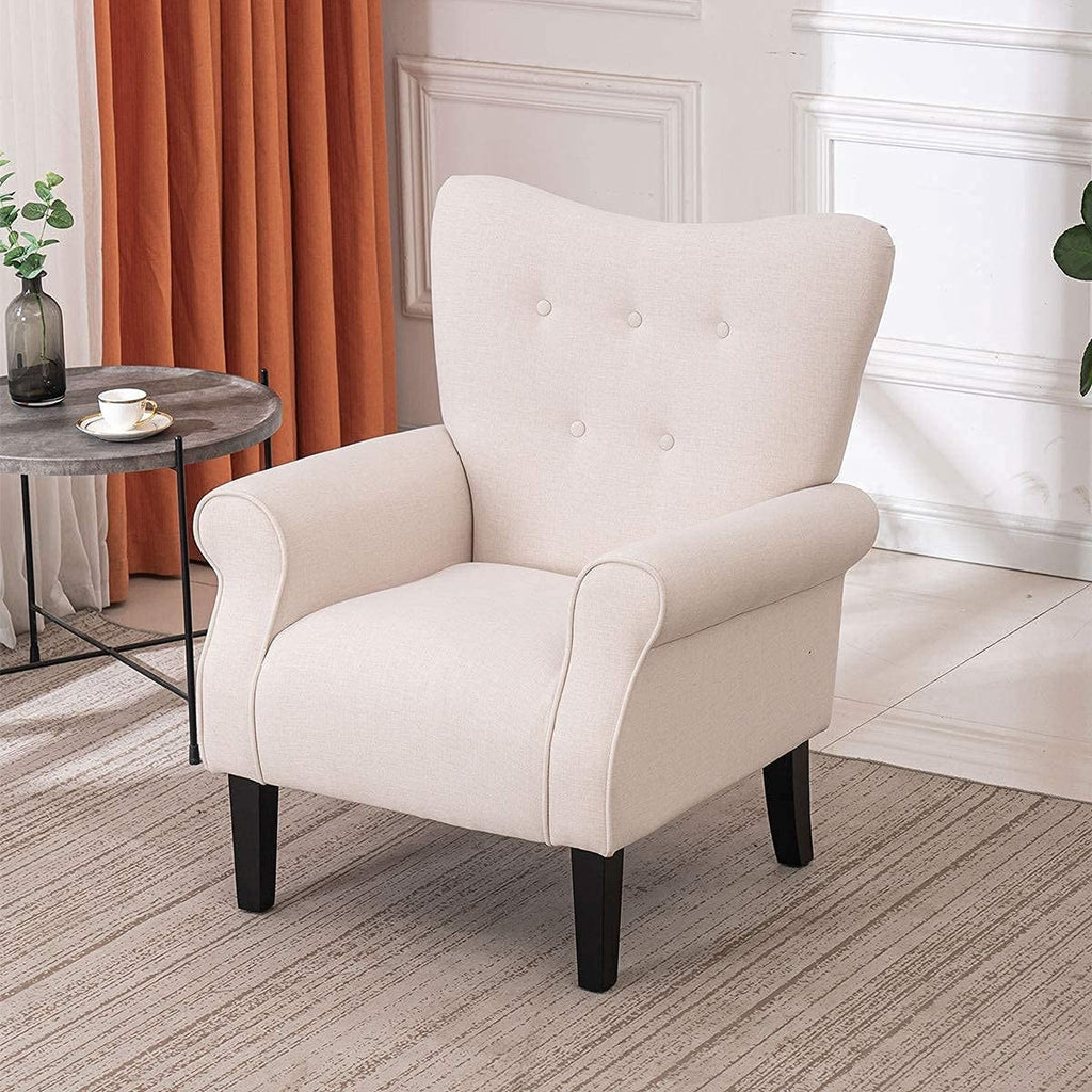 Fauteuil d'appoint moderne Erommy, fauteuil à dossier haut, canapé simple recouvert de tissu avec boutons et pieds en bois pour salon.