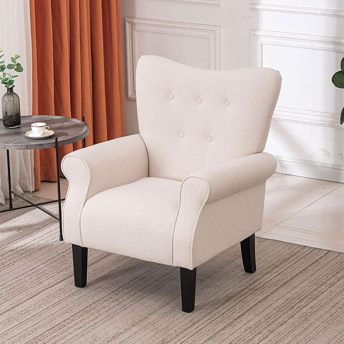 Fauteuil d'appoint moderne Erommy, fauteuil à dossier haut, canapé simple recouvert de tissu avec boutons et pieds en bois pour salon.