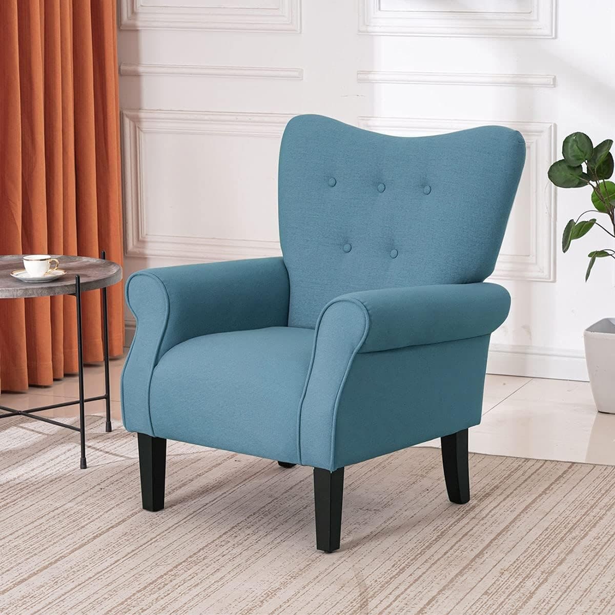 Fauteuil d'appoint moderne Erommy, fauteuil à dossier haut, canapé simple recouvert de tissu avec boutons et pieds en bois pour salon.